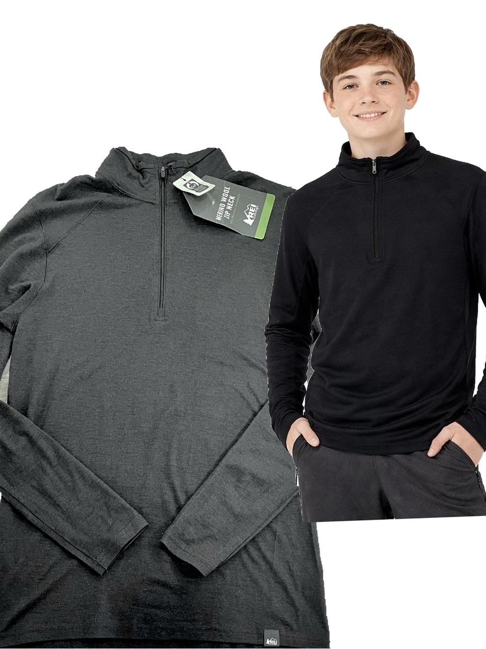 NEW REI Kids Merino Wool Zip Neck Top XL Black